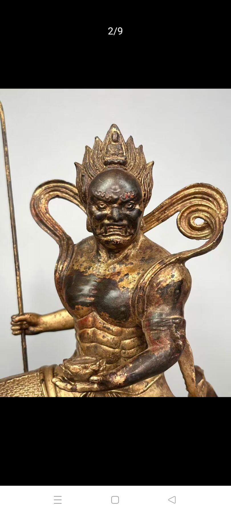 旧藏 【大士爷】铜胎漆金像，在佛门亦称面燃鬼王、焦面大士、焰口鬼王、面燃大士等，道门称其为“幽冥教主冥司面燃鬼王监斋使者羽林神”或“幽冥教主冥司面然鬼王甶孑大帝”，尊称普渡公。其司掌阴间地府并统管阳世亡灵，象征鬼魂统帅！