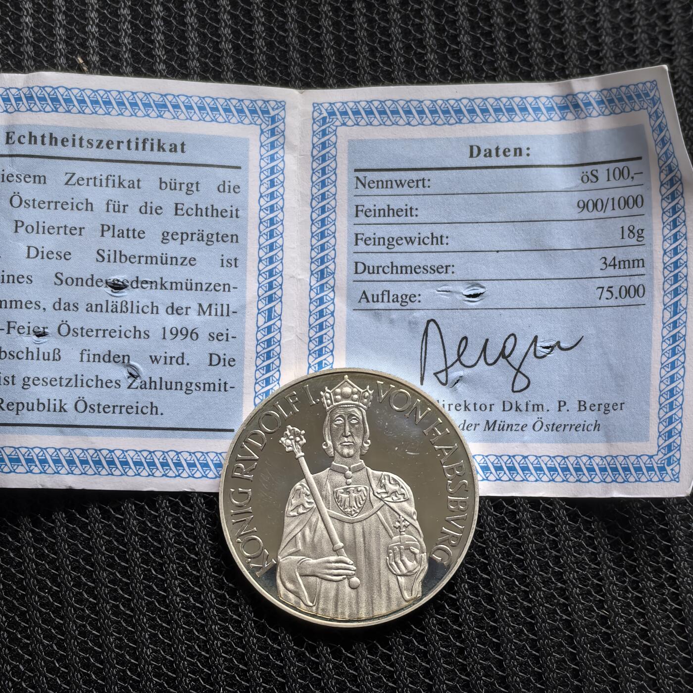 道一币馆币章第一百五十三场 带证书 奥地利1991年鲁道夫一世国王100先令精制银币