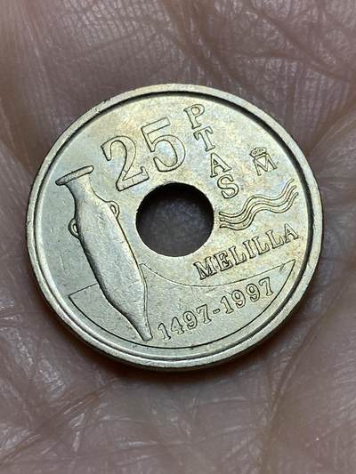 2025年第一百二十二场(总第一百四十八场）外国好品散币(免佣金) - 西班牙🇪🇸1997年25比塞塔(梅利利亚自治市纪念币)
