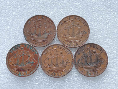 第一海外回流一元起拍收藏 散集专场  第261期 - 英国女王版50年代半便士硬币 5枚