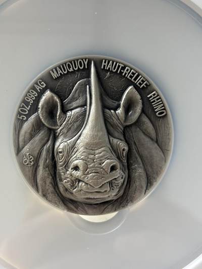 科特迪瓦2019年非洲五霸系列犀牛5盎司高浮雕银币NGC-MS70无原盒证书，999银