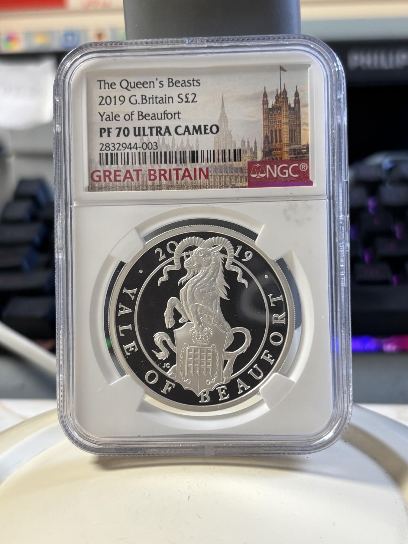 第181期拍卖 英国2019年神兽系列博福特耶鲁山羊银币NGC-PF70特殊便签，999银，发行4360枚