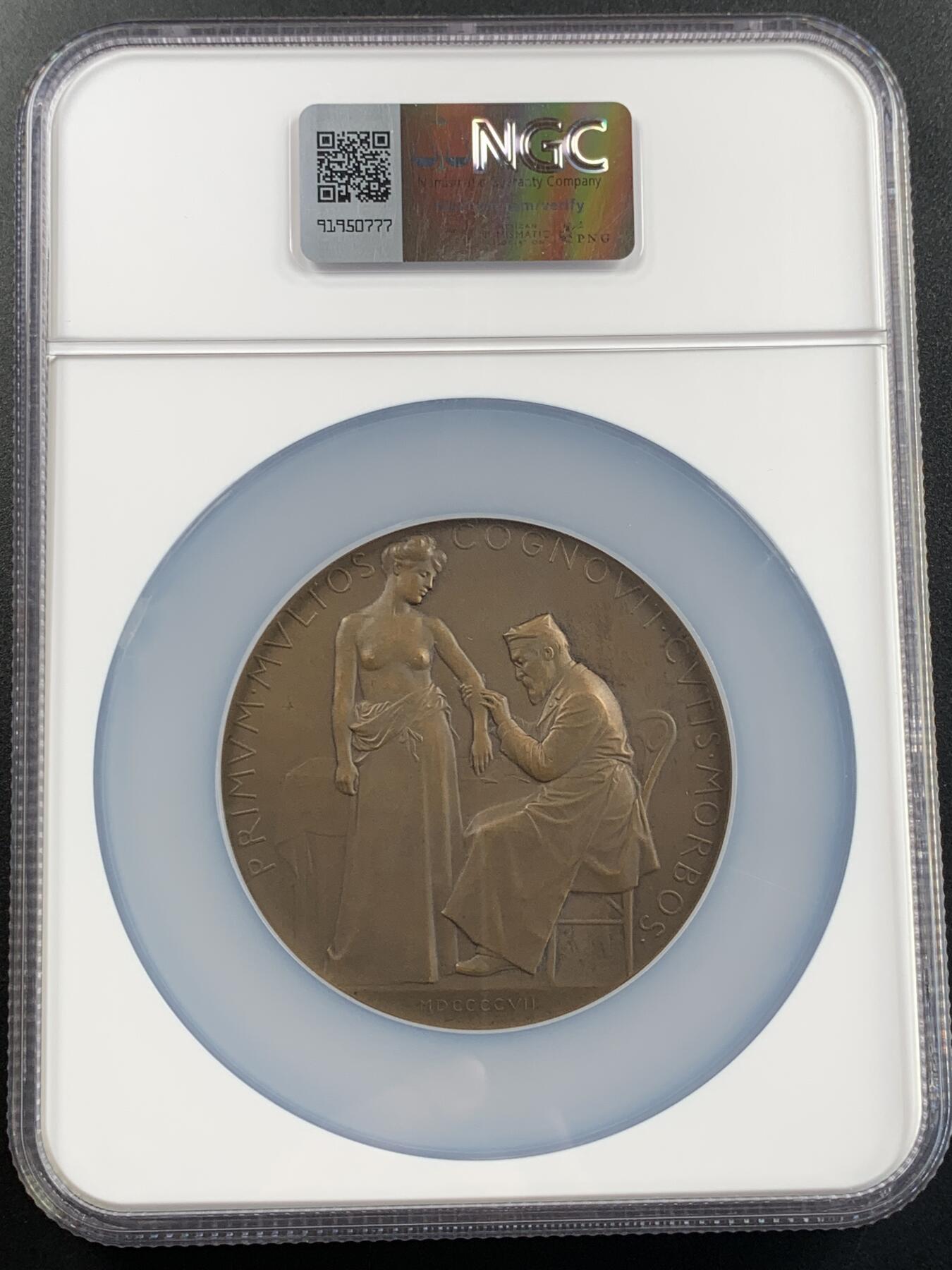 掌中浮雕-藏着的欧洲第040场 NGC MS63 : 1907年法国医学教授亨利.哈洛普纪念铜章，68mm，大师沙普兰（J.C.Chaplain）经典作品