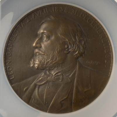 掌中浮雕-藏着的欧洲第040场 - NGC MS63 : 1882年法国政治家莱昂·甘必大（Léon Gambetta）逝世纪念铜章，69mm，章牌大师奥斯卡.罗蒂Oscar Roty（1846-1911）作品