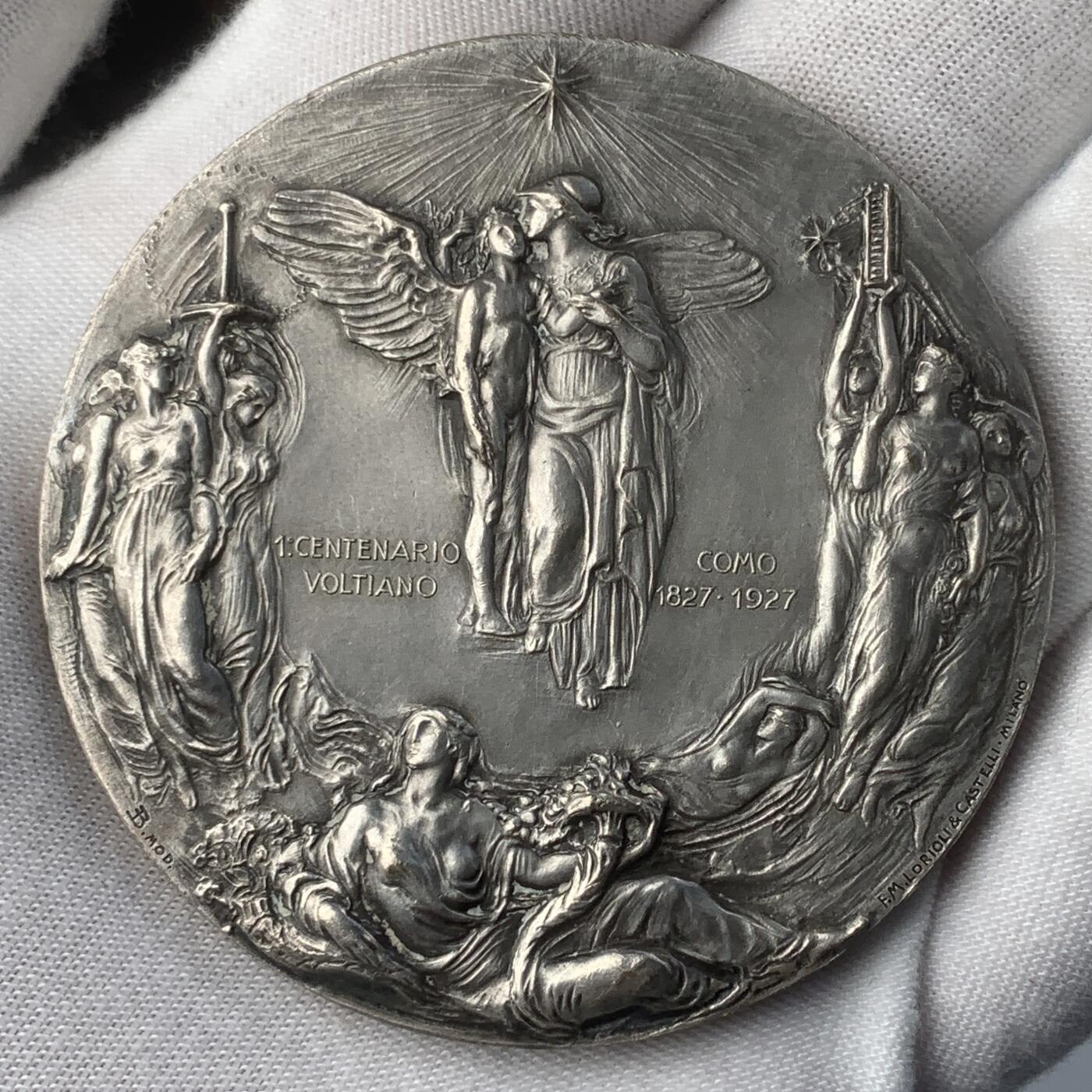 掌中浮雕-藏着的欧洲第040场 1927年意大利物理学家伏特逝世100周年镀银铜章 G.Lonazzi雕刻，59mm