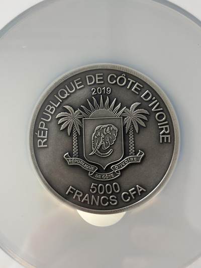 科特迪瓦2019年非洲五霸系列犀牛5盎司高浮雕银币NGC-MS70无原盒证书，999银