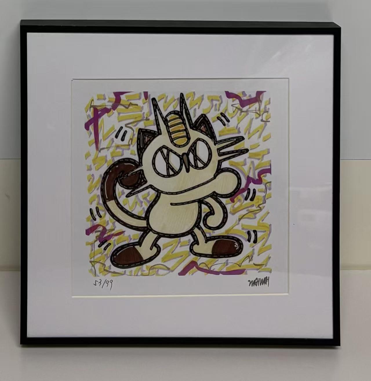 零元拍：歪歪亲笔签名 OWSON 系列作品装饰画《喵喵》，已做装裱 合金相框尺寸25/25CM。因展品出展，镜框或亚克力可能有划痕和裂痕，介意勿拍