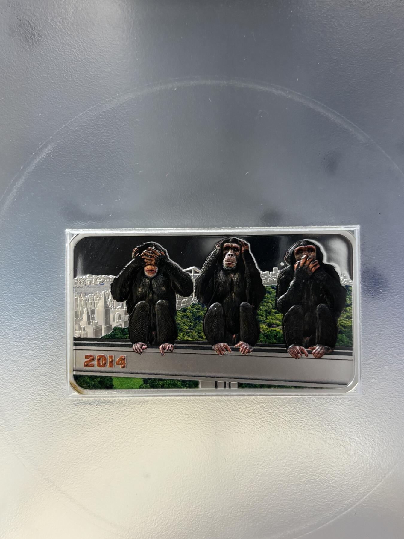 第181期拍卖 坦桑尼亚2014年三只灵猴方形纪念银币PCGS-PR69带证书，999银，1盎司，发行1888枚