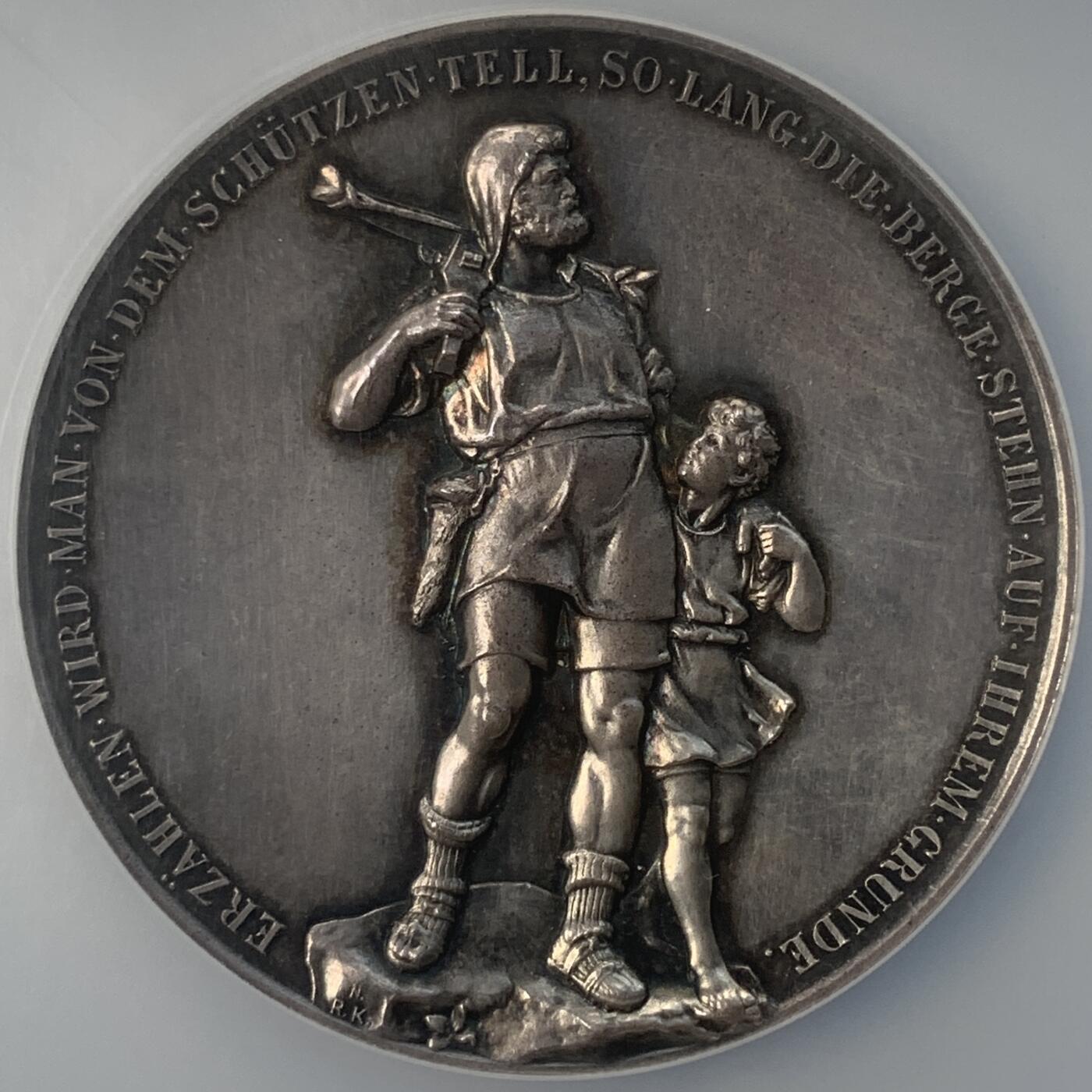 掌中浮雕-藏着的欧洲第040场 NGC MS62  : 1895年瑞士威廉泰尔父子雕塑落成纪念银章， 50mm