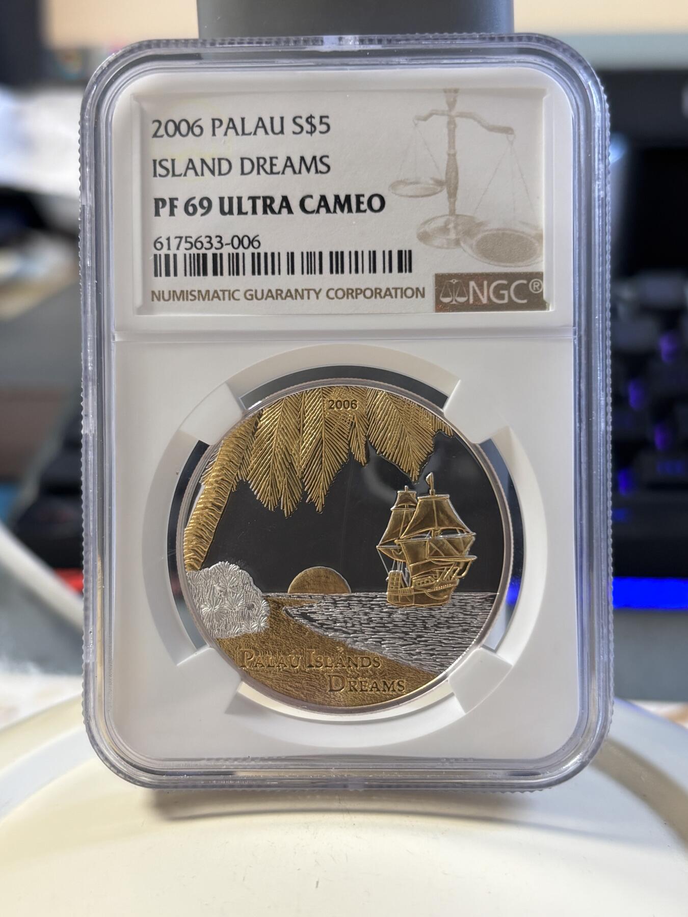 第181期拍卖 帕劳2006年美丽天堂海岛梦幻海滩镀金银币NGC-PF69无盒证书，925银，25克，发行500枚