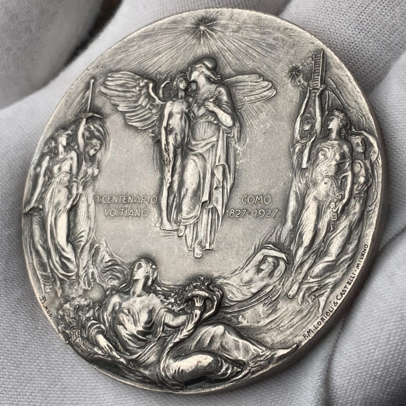 掌中浮雕-藏着的欧洲第040场 1927年意大利物理学家伏特逝世100周年镀银铜章 G.Lonazzi雕刻，59mm