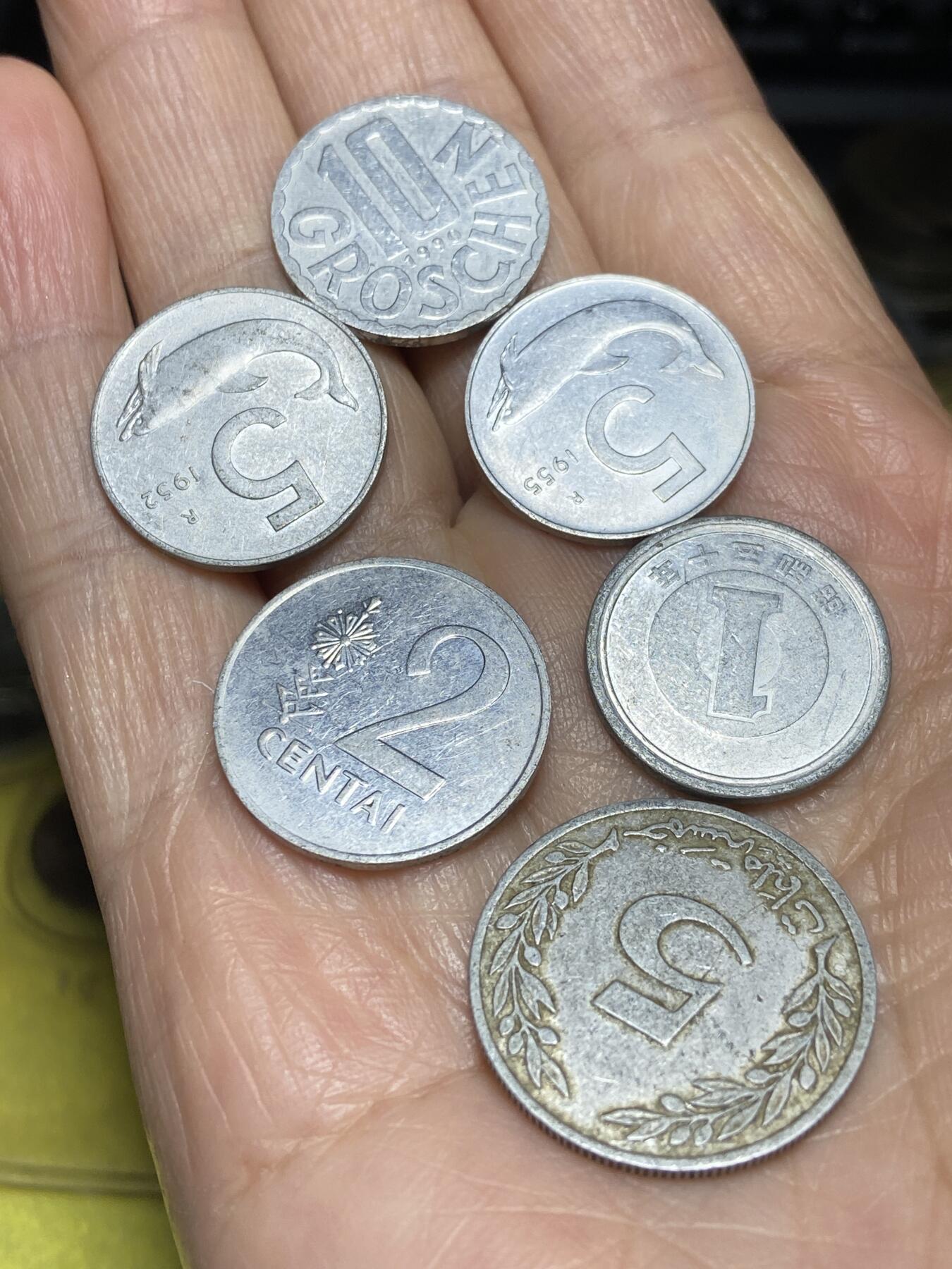 2025年第一百二十二场(总第一百四十八场）外国好品散币(免佣金) 散币6枚：立陶宛🇱🇹1991年2分，意大利🇮🇹1952年55年5分，奥地利🇦🇹1990年10格罗申，日本🇯🇵昭和50年1円，突尼斯🇹🇳1960年5米利姆