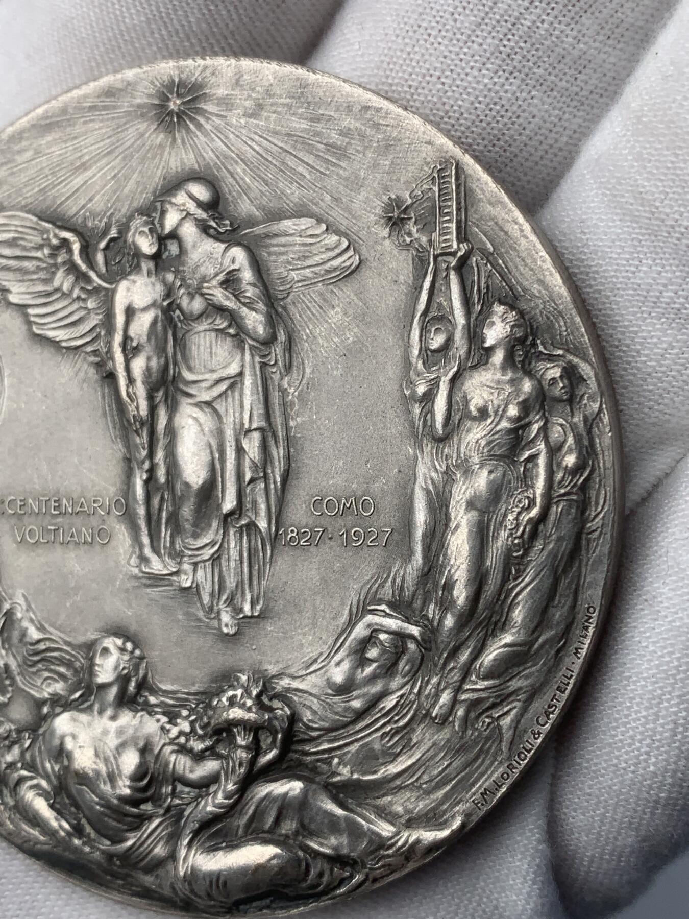 掌中浮雕-藏着的欧洲第040场 1927年意大利物理学家伏特逝世100周年镀银铜章 G.Lonazzi雕刻，59mm