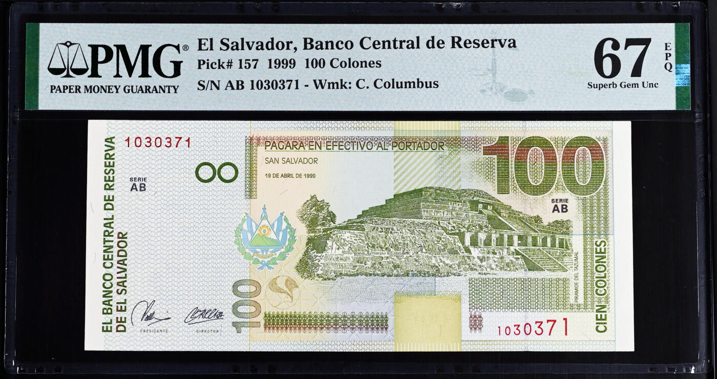 【Blue Auction】世界纸币精拍第746期——18级TOP拍卖/信誉/品质/专业/高效💫   【唯一冠军分】萨尔瓦多 1999年100克朗 PMG67EPQ 太阳金字塔 哥伦布 