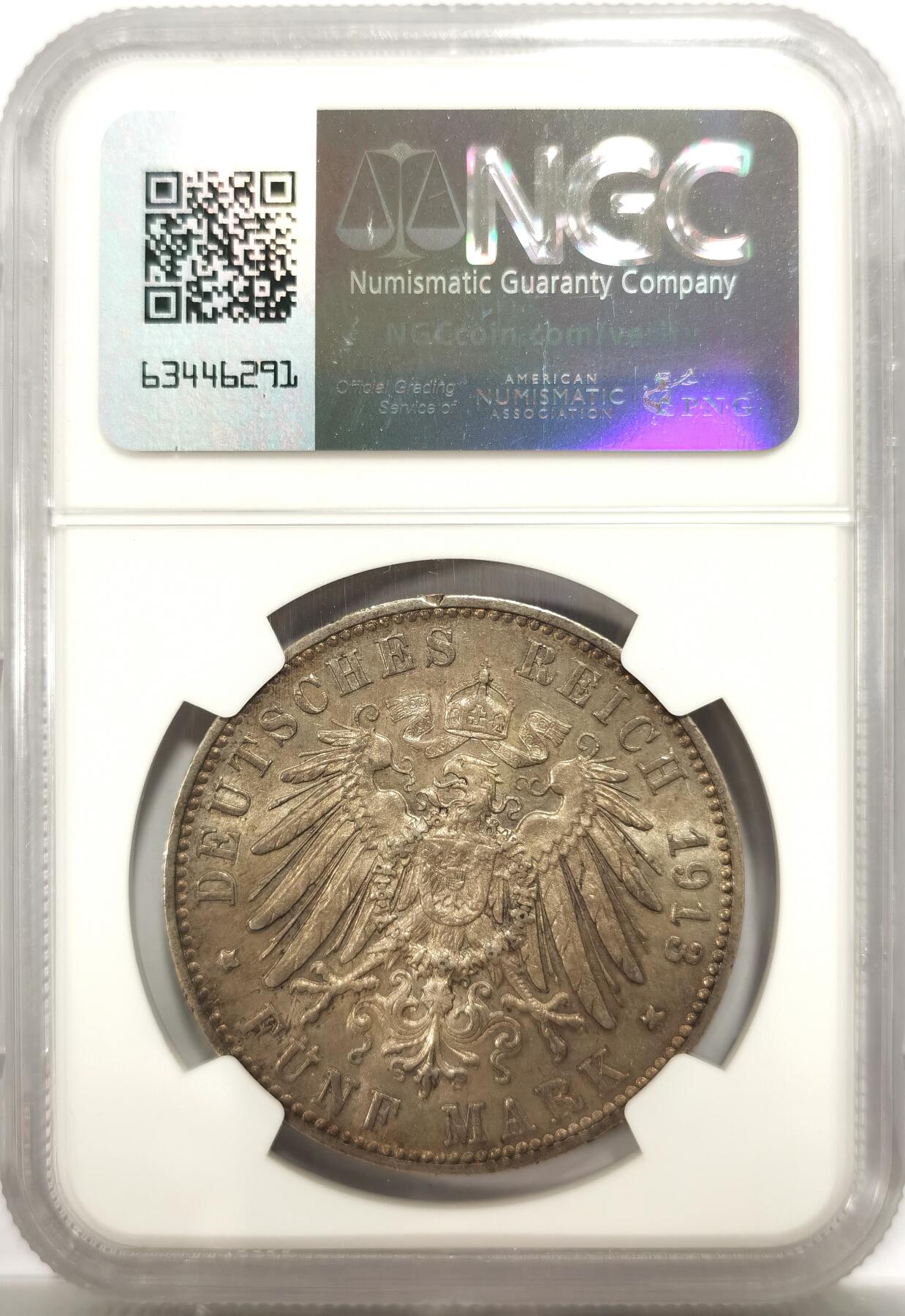 博洋堂“物美丰成”11月精品专场暨第145期（全场包邮） NGC AU53 德国符腾堡1913年F版威廉二世5马克银币，黄油五彩包浆，底光犹存