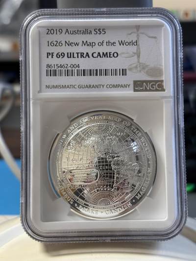 第180期拍卖【长期征集拍品】【北京币展专场】 - NGC-PF69 ULTRA CAMEO 澳大利亚2019年发行的1626新世界地图-西半球弧形纪念银币-5澳元（重一盎司，币径39.62MM，发行量5000枚，盒证齐全）