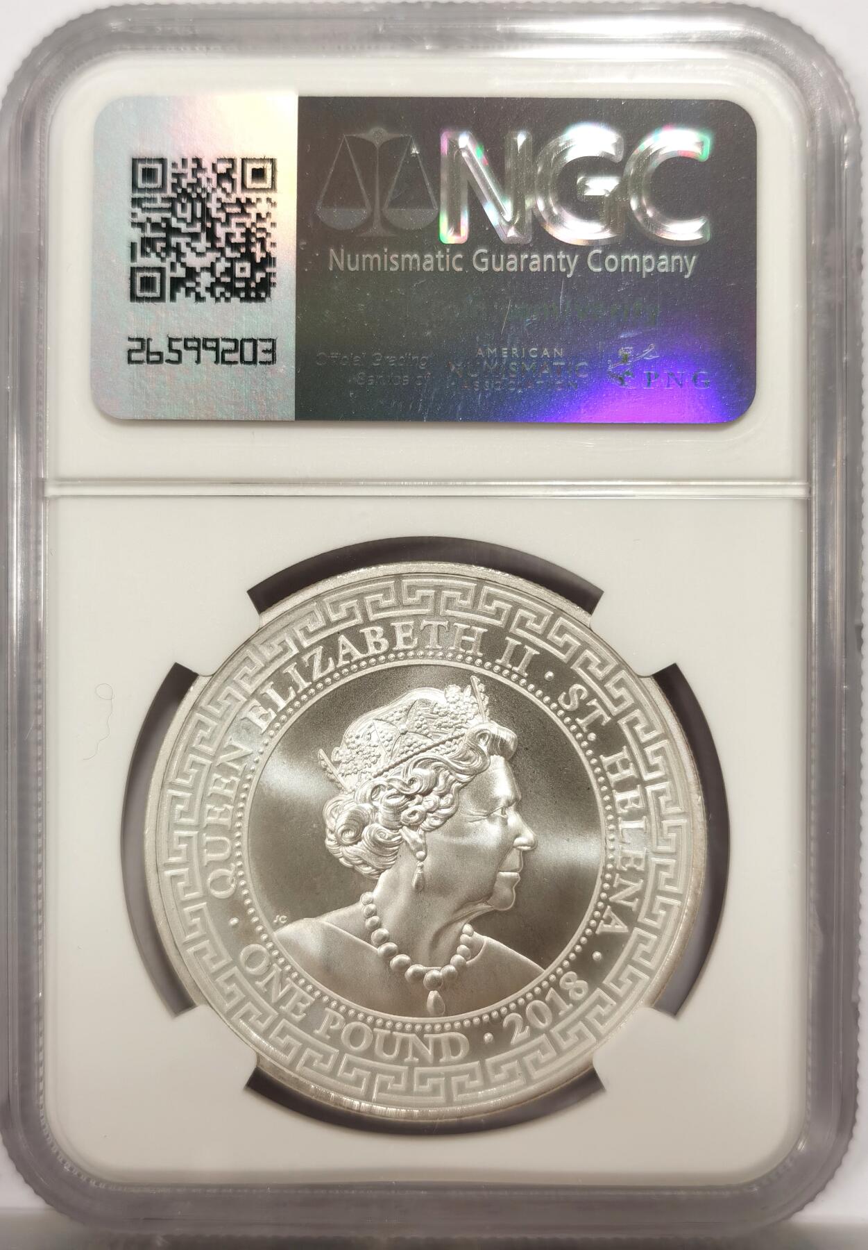 博洋堂“物美丰成”11月精品专场暨第145期（全场包邮） NGC MS69 圣赫勒拿2018年东印度公司英国贸易银币。站洋图案，面值1磅。非常少见，发行量仅10000枚，值得收藏。