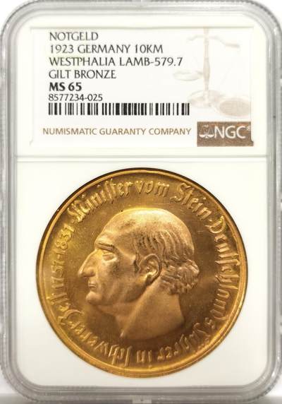 博洋堂“物美丰成”11月精品专场暨第145期（全场包邮） - NGC MS65 德紧德国威斯特伐利亚1923年马币10000马克大铜币
