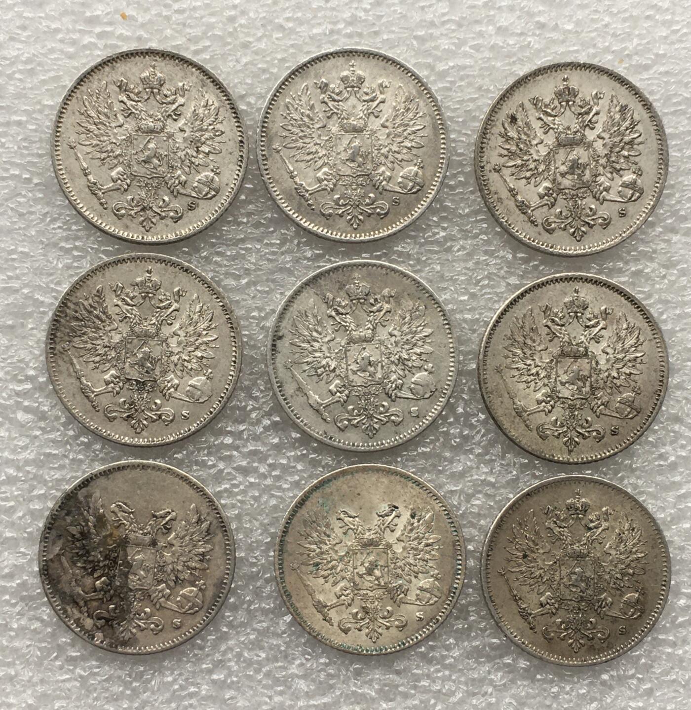 世界钱币专场拍卖 每周二开拍 好品1913-1917年俄占芬兰双头鹰25芬妮银币 9枚一组