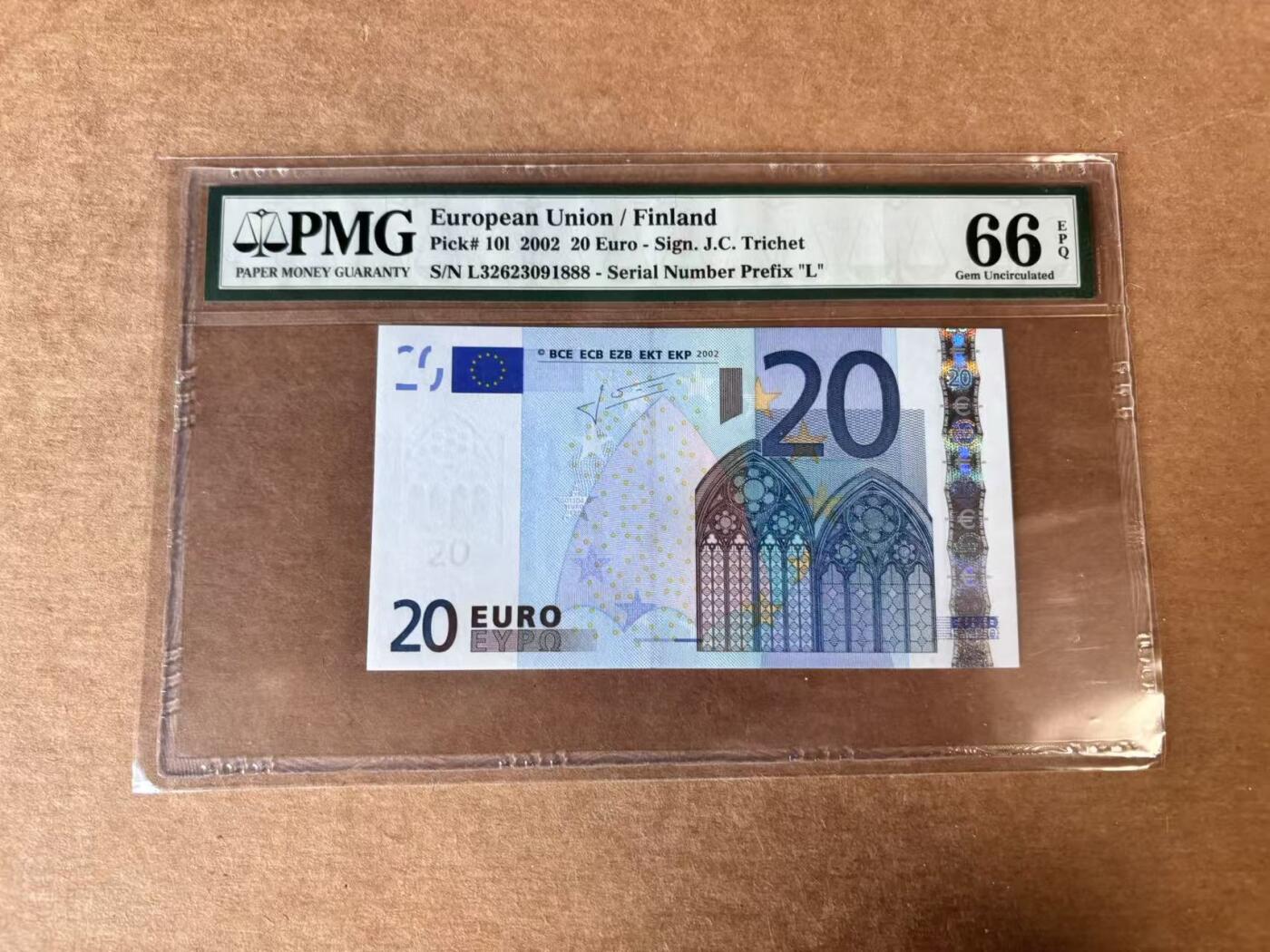 【Blue Auction】世界纸币精拍第746期——18级TOP拍卖/信誉/品质/专业/高效💫 【888豹子号无47】欧盟 2002年20欧元 芬兰版 PMG66EPQ 