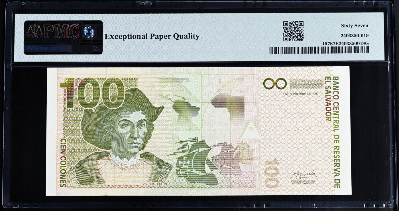 【Blue Auction】世界纸币精拍第746期——18级TOP拍卖/信誉/品质/专业/高效💫   【唯一冠军分】萨尔瓦多 1999年100克朗 PMG67EPQ 太阳金字塔 哥伦布 