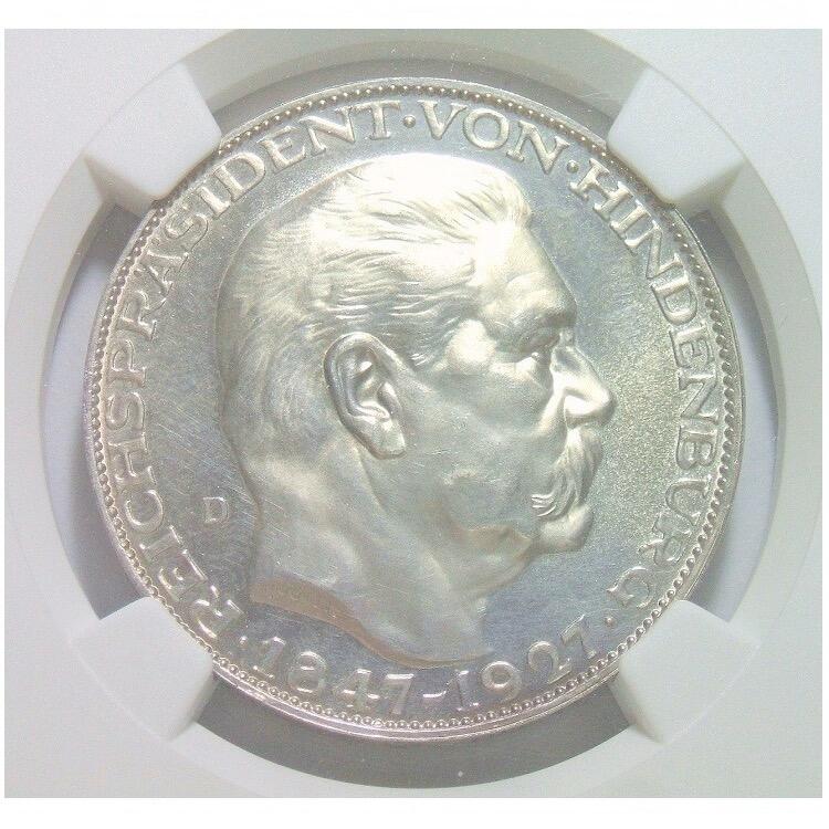 【银】NGC MS62 德国魏玛1927年兴登堡80大寿5马克银币章 精制原光