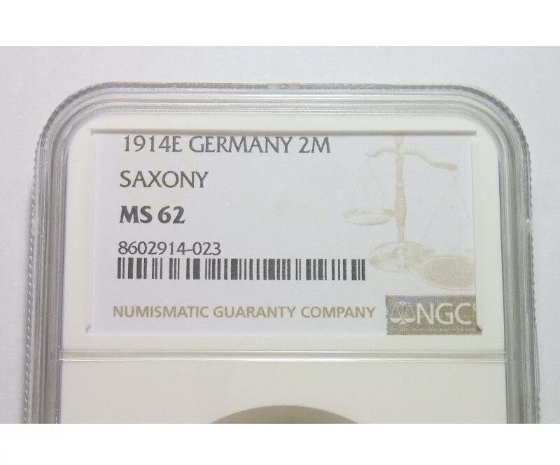 【银】NGC MS62 德国萨克森1914年 奥古斯特2马克银币 酱彩原光