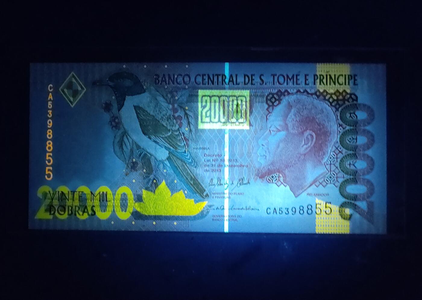 中外各国钞、纪念钞、券专场（第三十二场） 2013年圣多美和普林西比20000多布拉纸币 鸟钞 非洲钱币 全新（无47）