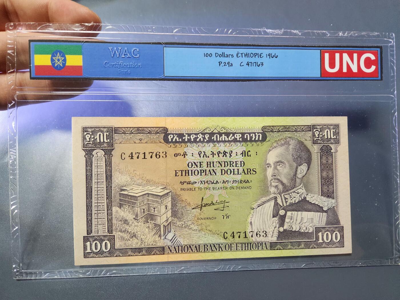 11月8号晚上8点 外国纸币自动截拍第53场 埃塞俄比亚100比尔 1966年 全新评级币