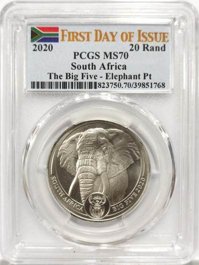 博洋堂“物美丰成”11月精品专场暨第145期（全场包邮） - PCGS MS70 满分！南非2020年20兰德（金币单位）非洲五霸之首非洲象铂金一盎司币！国内熊猫币满分都快1万5了，海外设计好的满分币很难流入国内，11月1日期铂金进口加税13%。国内卖一个少一个！