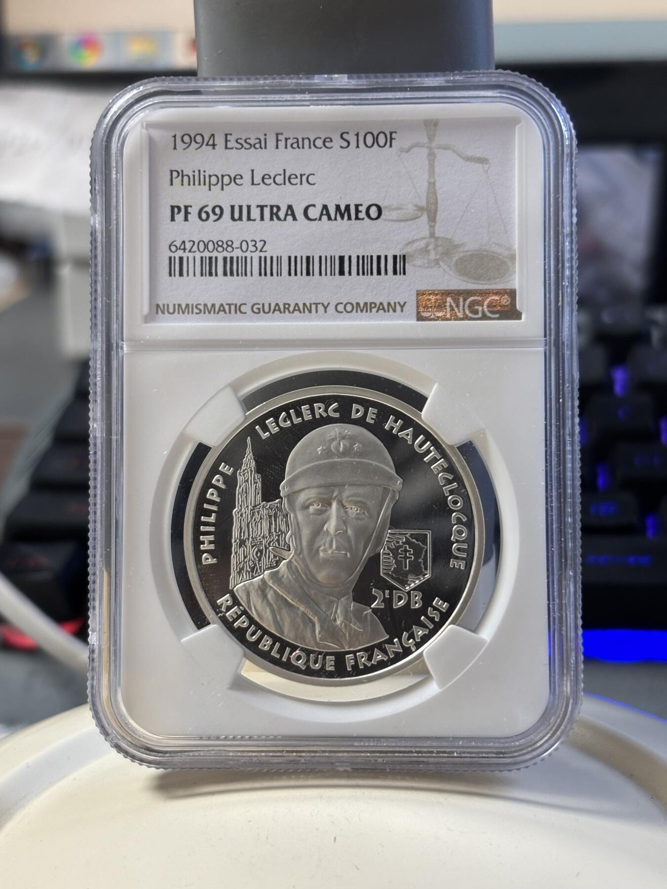 第181期拍卖 法国1994年二战系列勒克莱尔元帅银样币NGC-PF69，900银，22.2克，发行1850枚