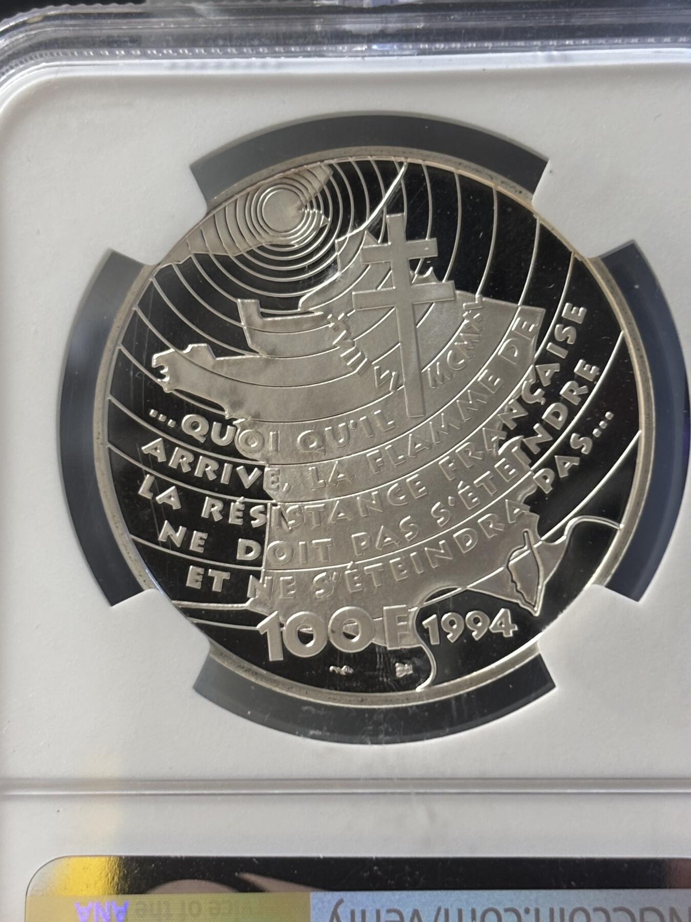 第181期拍卖 法国1994年二战系列戴高乐演讲纪念银样币NGC-PF69，900银，22.2克，发行1850枚