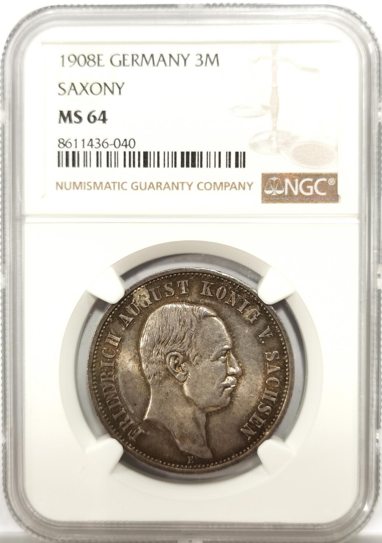 博洋堂“物美丰成”11月精品专场暨第145期（全场包邮） NGC MS64 德国萨克森1908年奥古斯特3马克银币 原状态高分