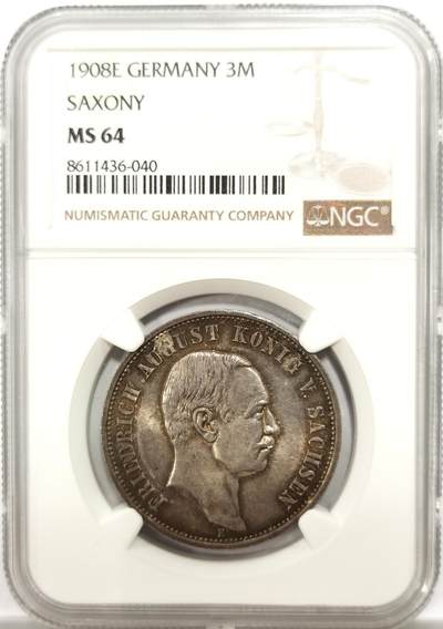 博洋堂“物美丰成”11月精品专场暨第145期（全场包邮） - NGC MS64 德国萨克森1908年奥古斯特3马克银币 原状态高分