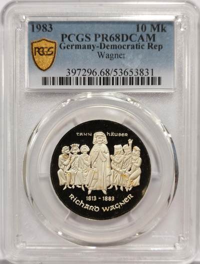 博洋堂“物美丰成”11月精品专场暨第145期（全场包邮） - PCGS PR68DCAM 东德1983年作曲家瓦格纳逝世一百周年10马克精制银币，发行量5500枚，PROOF精制币，币面清爽干净又漂亮，状态一流。东德纪念银币发行量少，潜力股，更高评级数量2枚。