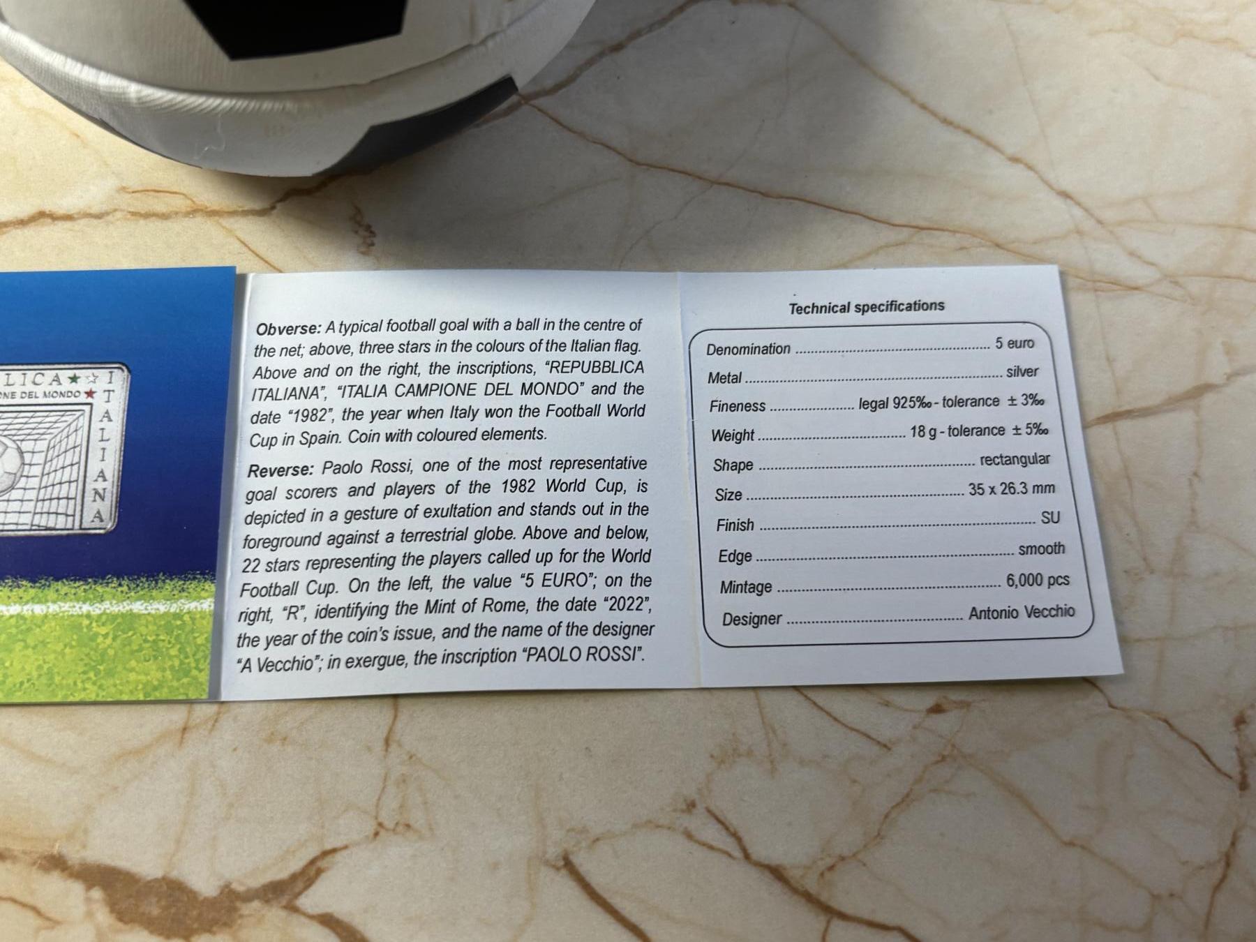 第181期拍卖 意大利2022年足球名将保罗·罗西夺冠40周年银币，925银，18克，发行6000枚