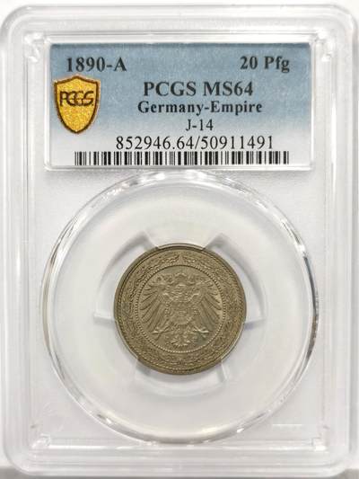 博洋堂“物美丰成”11月精品专场暨第145期（全场包邮） - PCGS MS64 德意志第二帝国1890年长翅鹰20芬尼镍币，pcgs季军分，少见品种