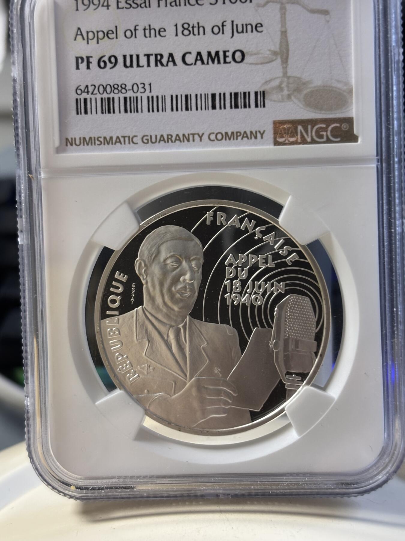 第181期拍卖 法国1994年二战系列戴高乐演讲纪念银样币NGC-PF69，900银，22.2克，发行1850枚