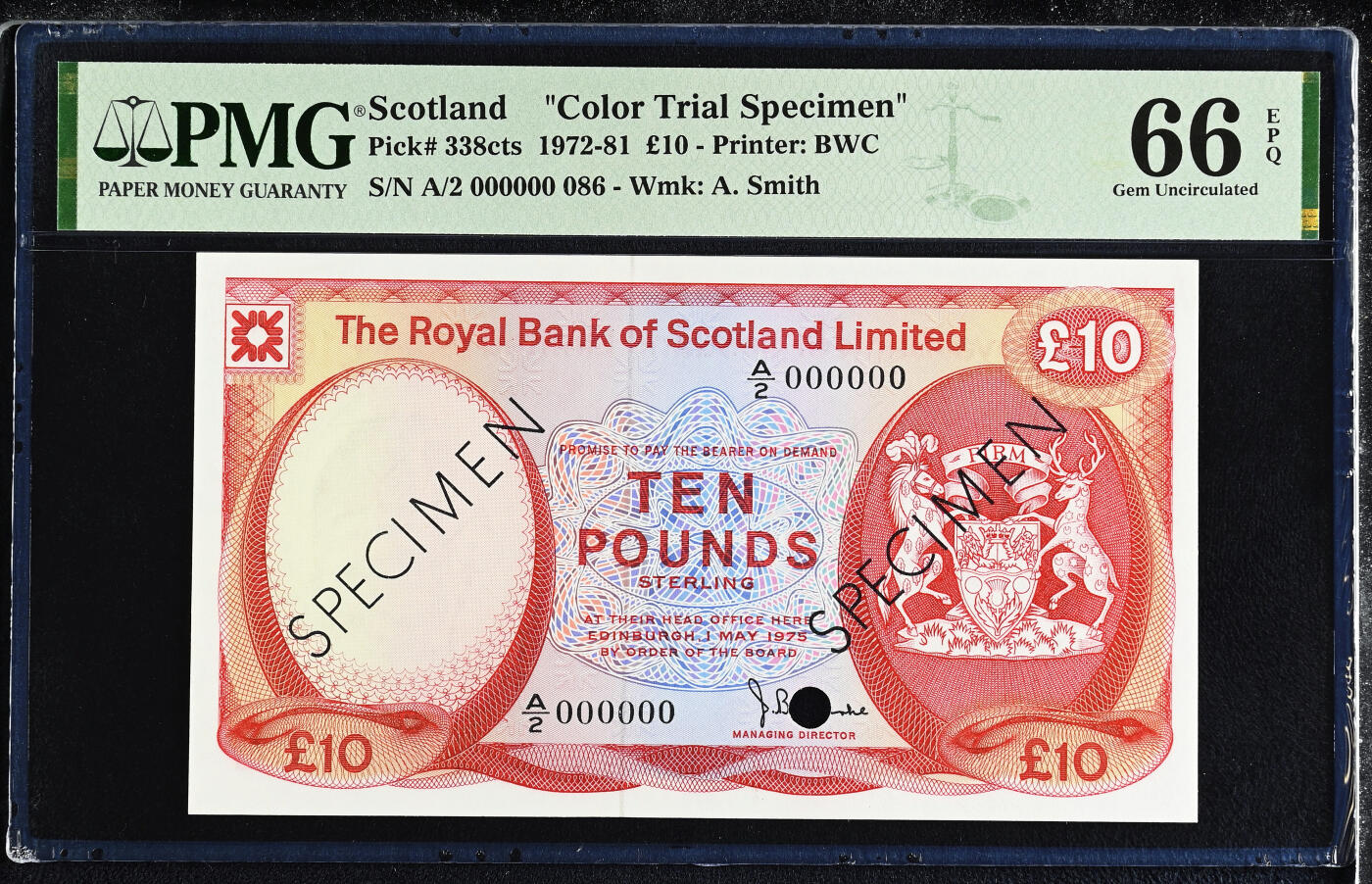 【Blue Auction】世界纸币精拍第746期——18级TOP拍卖/信誉/品质/专业/高效💫 【亚军分 试色样钞少见】苏格兰 城堡版 1972-81年10镑 PMG66EPQ BWC出品 雕刻精美