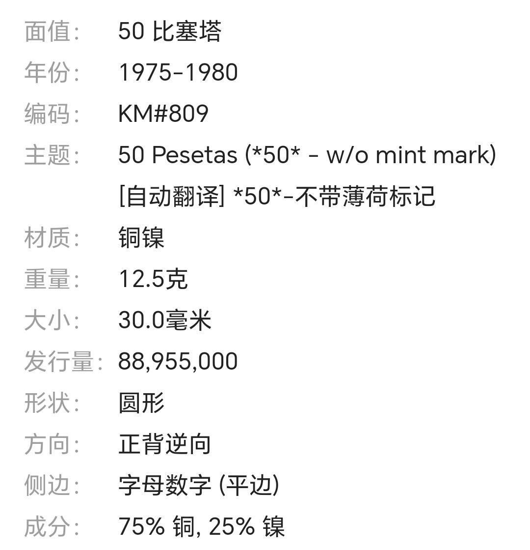西班牙50比塞塔铜镍币 胡安·卡洛斯一世 保真年份随机发