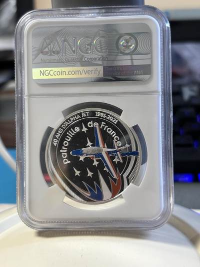 第181期拍卖 - 法国2021年航空历史系列阿尔法喷气机纪念彩色银币NGC-MS69首无盒无证书，999银，22.2克，发行2500枚