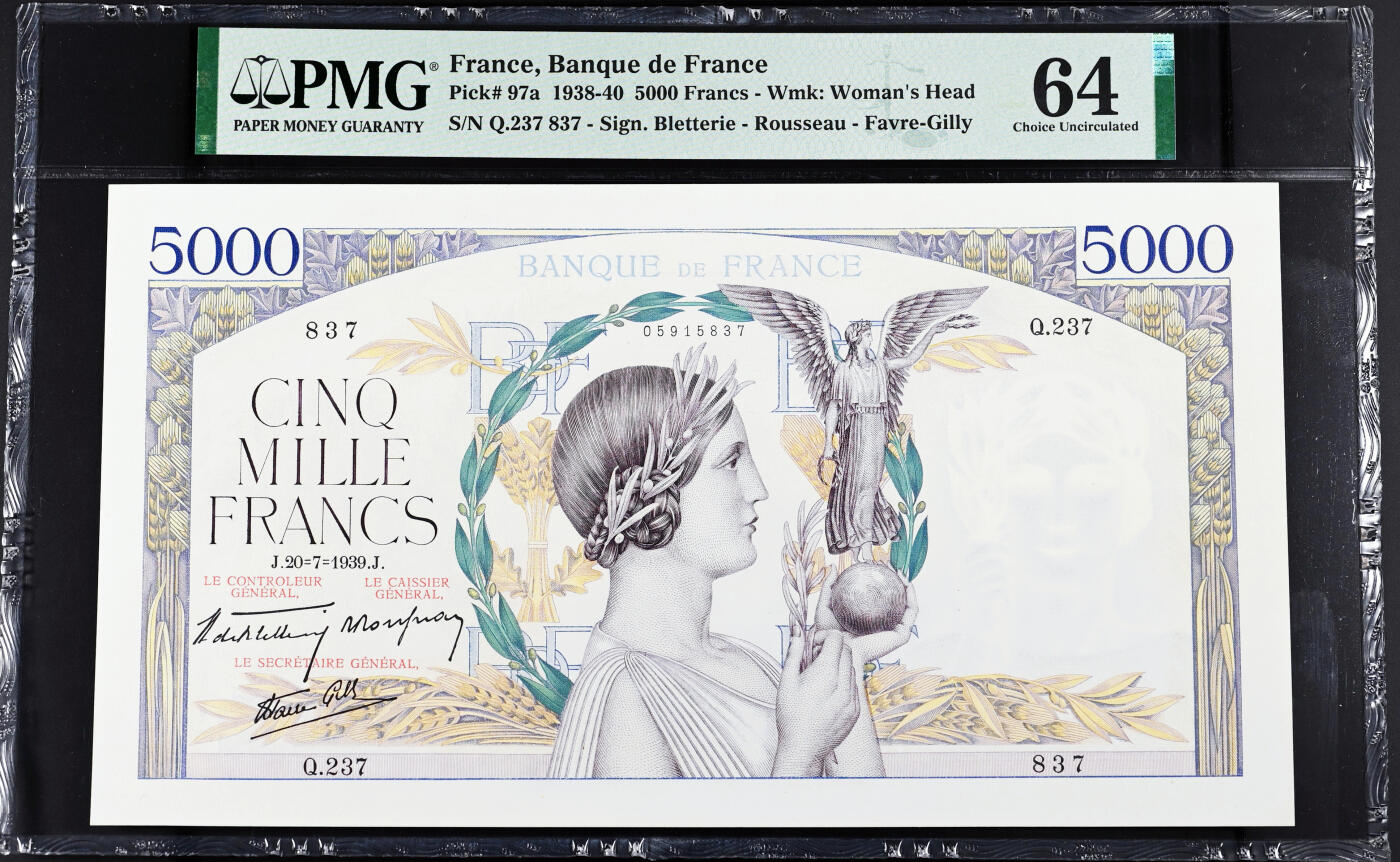 【Blue Auction】世界纸币精拍第746期——18级TOP拍卖/信誉/品质/专业/高效💫 【a版】法国 1939年5000法郎 胜利女神 雕刻精美 超大票幅 PMG64