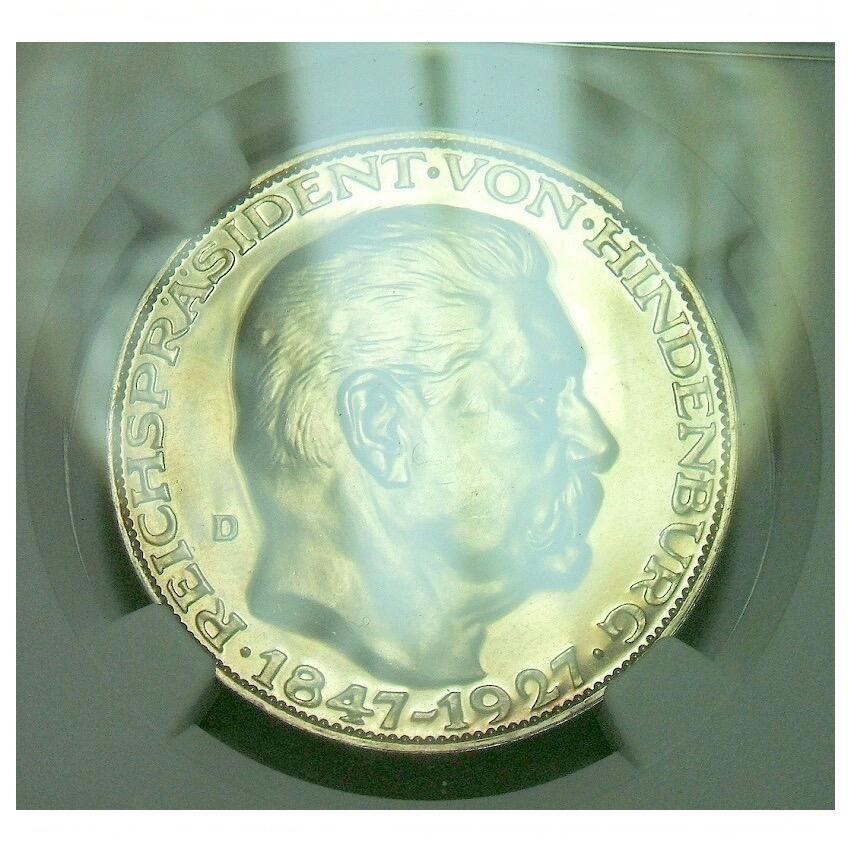 【银】NGC MS62 德国魏玛1927年兴登堡80大寿5马克银币章 精制原光