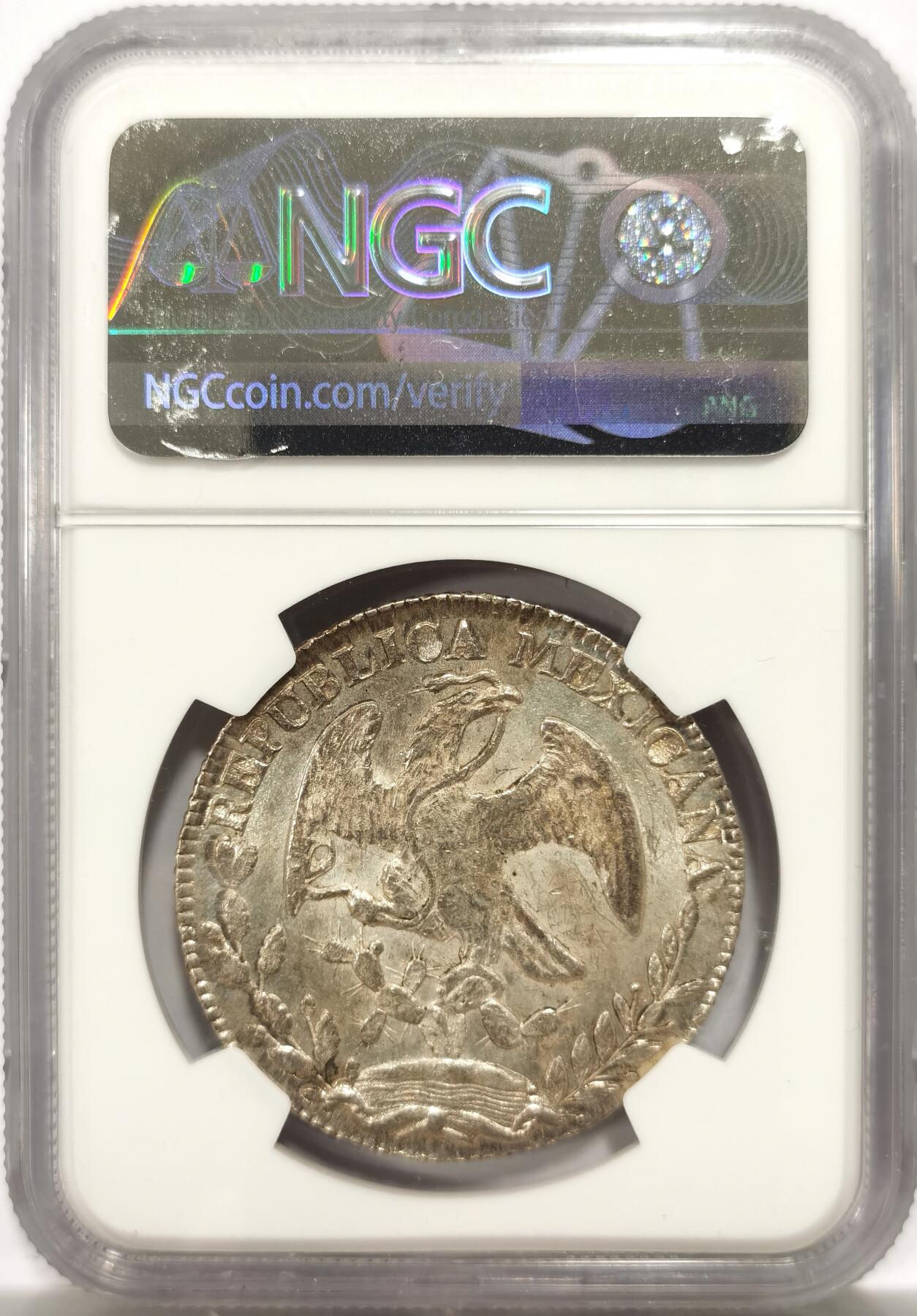 博洋堂“物美丰成”11月精品专场暨第145期（全场包邮） NGC MS62 墨西哥1845年PI AM鹰洋，PI厂早期章型鹰，五级鹰。双面深打，淡灰色包浆丰润自然，转光流畅。PI厂40和50年代高分且打制好的鹰洋很少见，这枚币有点低评，实物状态不输一些63分。