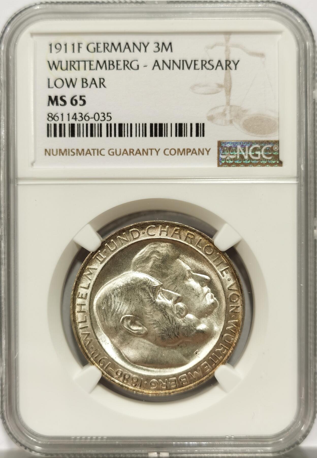 博洋堂“物美丰成”11月精品专场暨第145期（全场包邮） NGC MS65 德国符腾堡1911年银婚纪念3马克银币