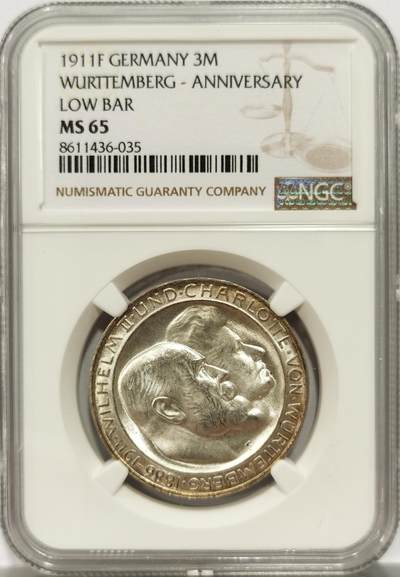 博洋堂“物美丰成”11月精品专场暨第145期（全场包邮） - NGC MS65 德国符腾堡1911年银婚纪念3马克银币