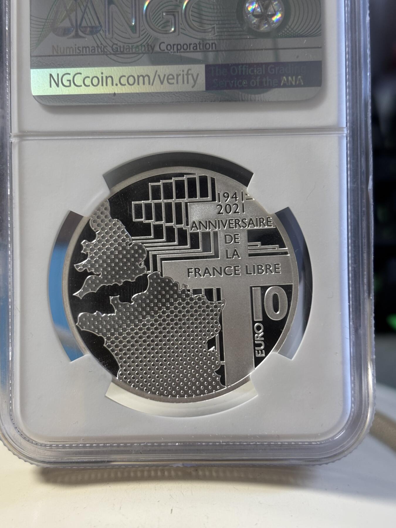 第181期拍卖 法国2021年人类伟大的日子丘吉尔和戴高乐彩色银币NGC-PF70首无盒无证书，999银，22.2克，发行3000枚