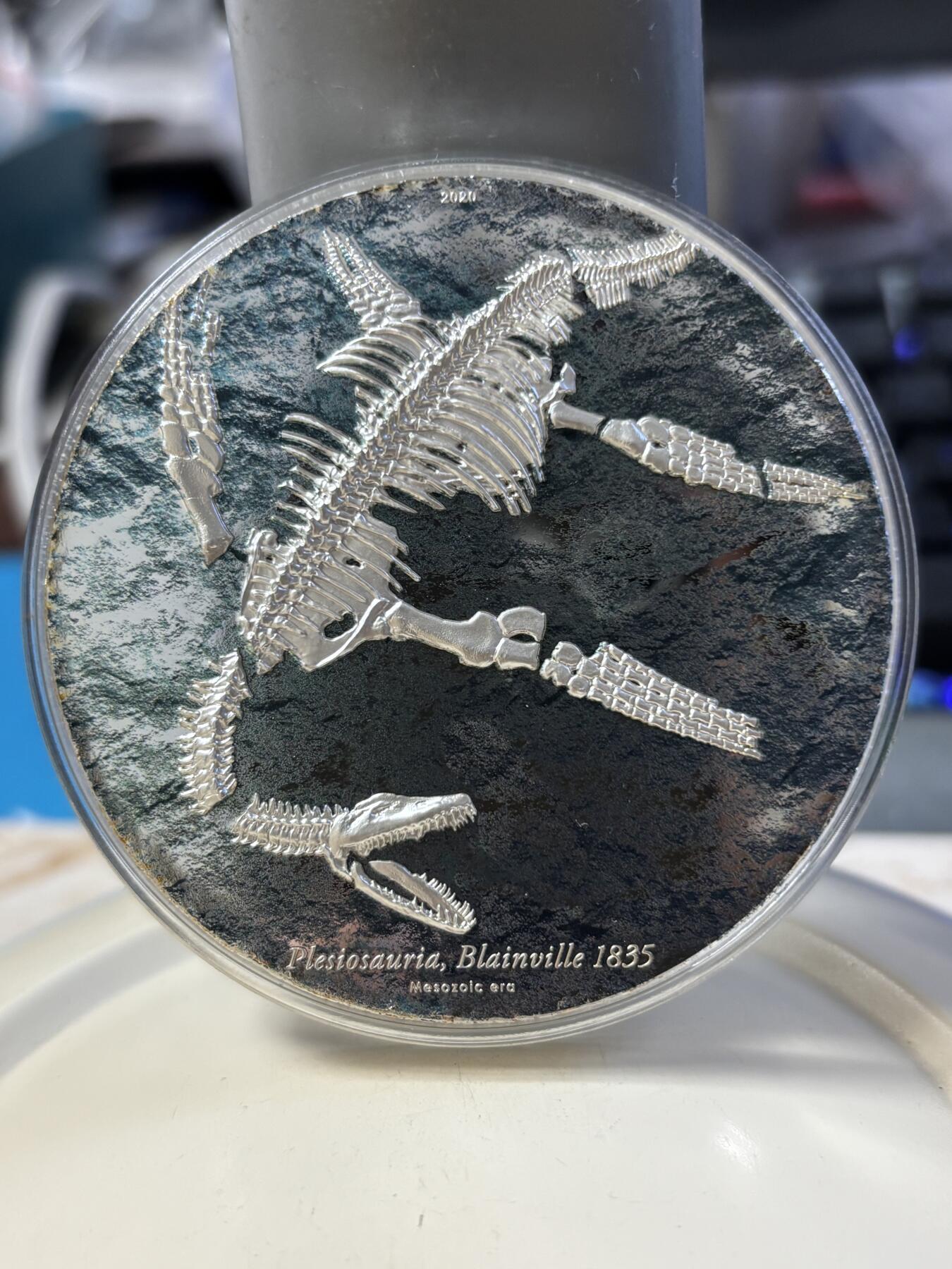 第181期拍卖 蒙古2020年恐龙化石系列3蛇颈龙高浮雕3盎司彩银币，999银，发行999枚