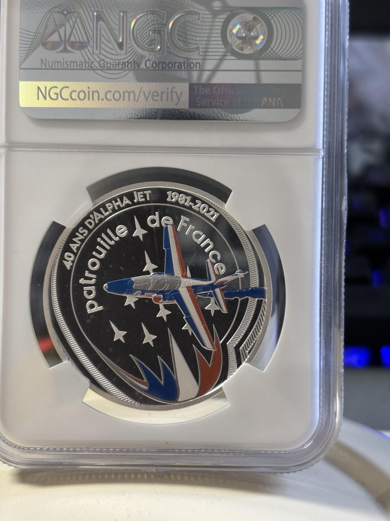 第181期拍卖 法国2021年航空历史系列阿尔法喷气机纪念彩色银币NGC-MS69首无盒无证书，999银，22.2克，发行2500枚