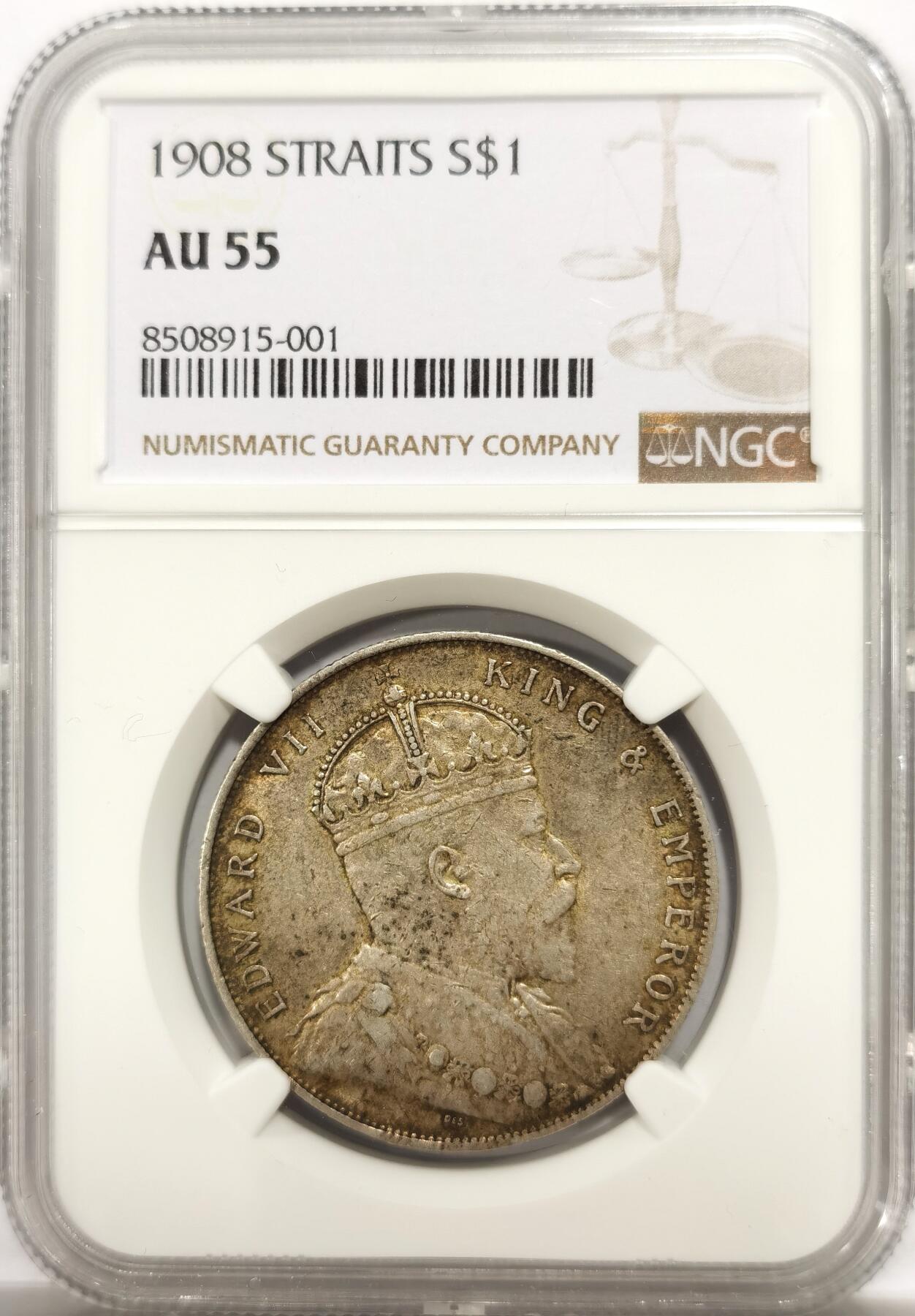 博洋堂“物美丰成”11月精品专场暨第145期（全场包邮） NGC AU55 海峡殖民地1908年爱德华七世壹圆银币，黄油包浆一流